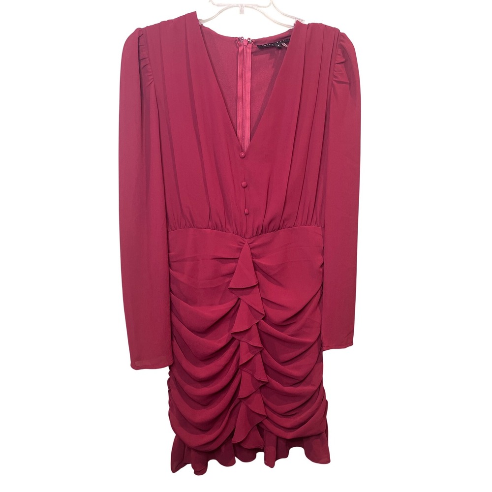 Endless Rose Small Magenta Ruched Ruffle V-Neck Long Sleeve Mini Dress